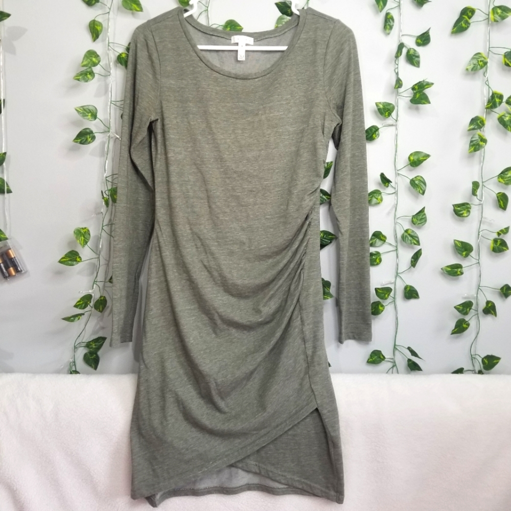 Leith Womens Long Sleeve Fitted Bodycon Med Ruched Dress Assymetrical Hem Green